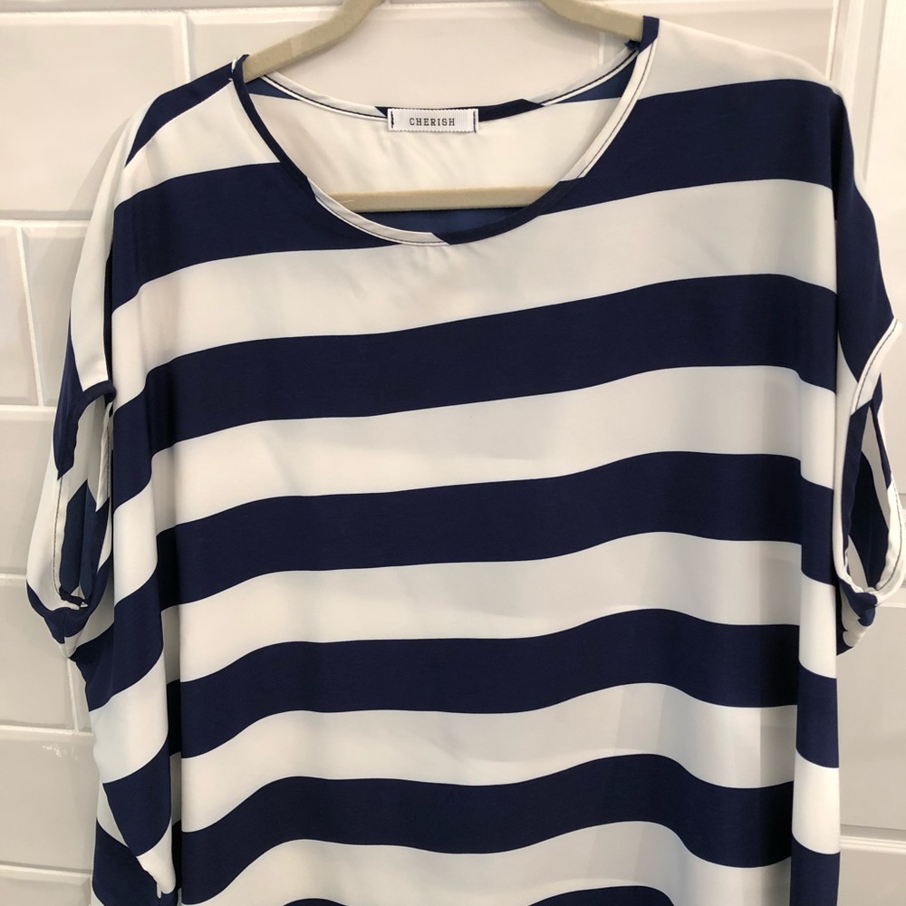Blue and white stripe short sleeve blouse
